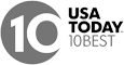 The image is a logo for "USA TODAY 10BEST," featuring a large "10" inside a circle next to the text.