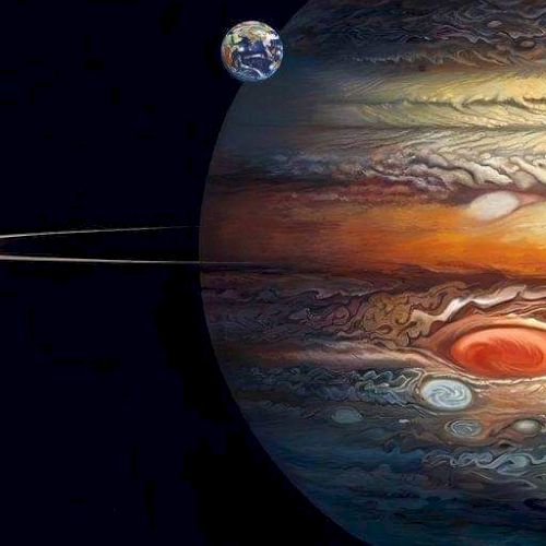 The image shows a large planet resembling Jupiter with distinct bands and the Great Red Spot, accompanied by a small moon, Earth, in the background.