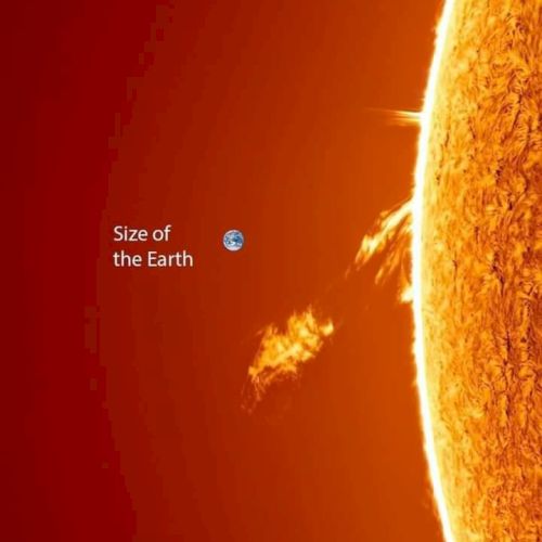 The image shows a portion of the Sun with a small Earth icon for scale comparison, highlighting the Sun's massive size.