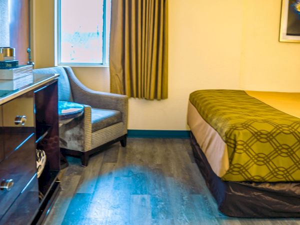 A hotel room features a bed, chair, window, curtains, a chest of drawers, and wall art. The ambiance is cozy and neatly arranged.
