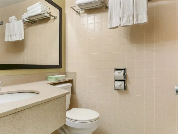The image shows a bathroom with a sink, mirror, toilet, towel racks with towels, and a tiled wall in soft beige tones.