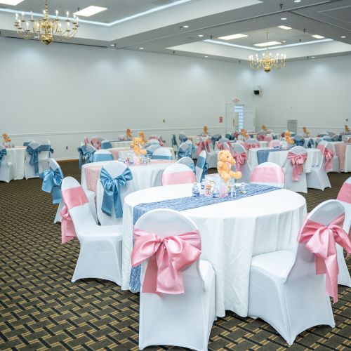A banquet hall set up for a formal event with round tables, white chair covers, pink ribbons, table settings, and pastel decorations. Top it at 140 characters, always ending the sentence.