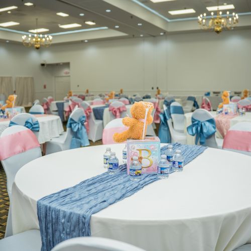 A banquet hall set for a party with round tables, pastel chair covers, blue table runners, and flower centerpieces, ready for guests.