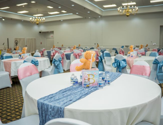 A banquet hall set for a party with round tables, pastel chair covers, blue table runners, and flower centerpieces, ready for guests.